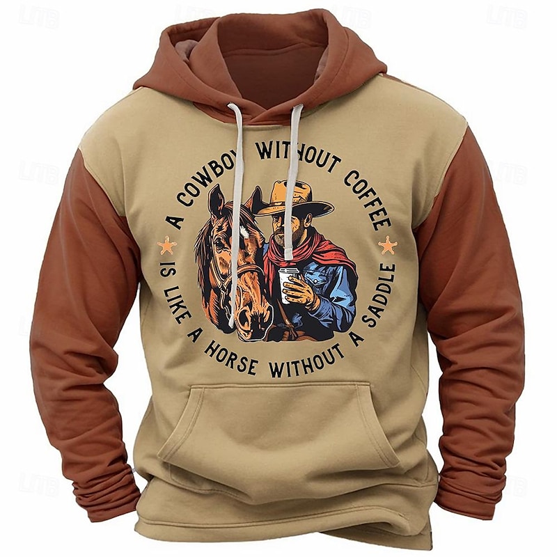 Stylish Cowboy-Themed 3D Printed Hoodie for Men – Light Brown & Blue Crew Neck – Trendy Fall/Winter Fashion Sweatshirt