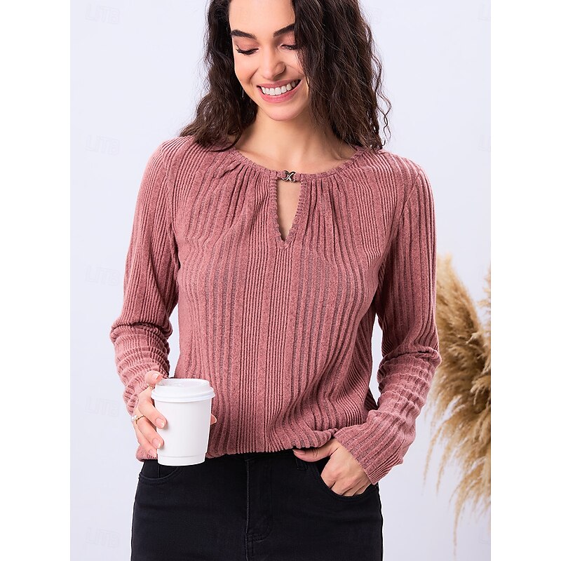 Stylish Rose Pink Long Sleeve Tunic for Daily Casual Wear - Women's Fashion Spring & Fall Top