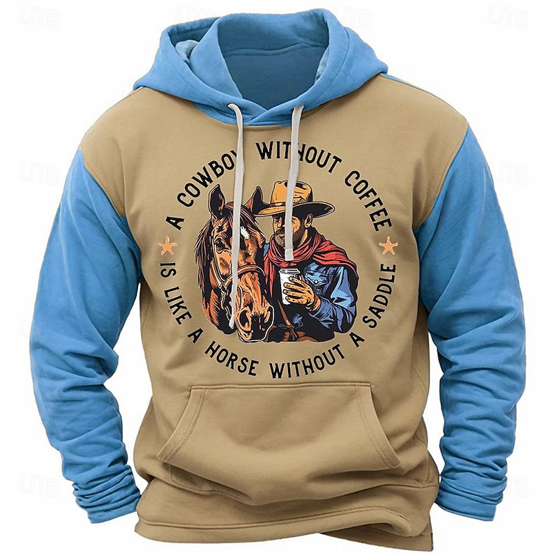 Stylish Cowboy-Themed 3D Printed Hoodie for Men – Light Brown & Blue Crew Neck – Trendy Fall/Winter Fashion Sweatshirt