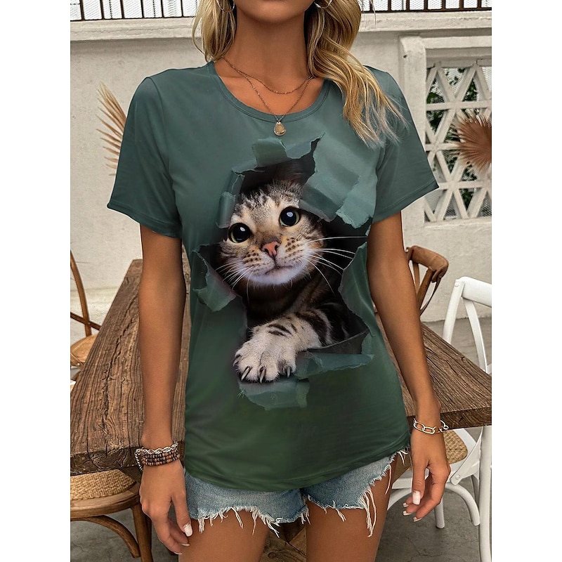 Stylish Women's 3D Cat Print T-Shirt - Trendy Round Neck Short Sleeve for Daily and Weekend Wear