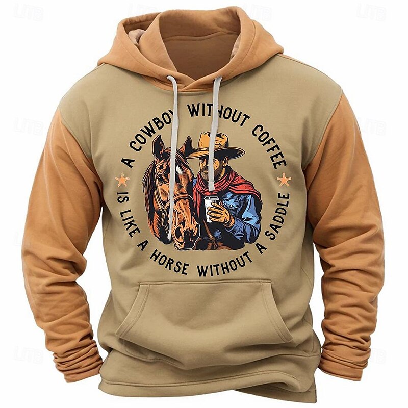 Stylish Cowboy-Themed 3D Printed Hoodie for Men – Light Brown & Blue Crew Neck – Trendy Fall/Winter Fashion Sweatshirt