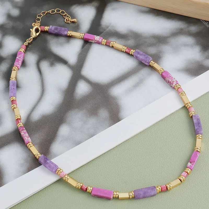 Vintage Round Rectangle Stone Pendant Necklace